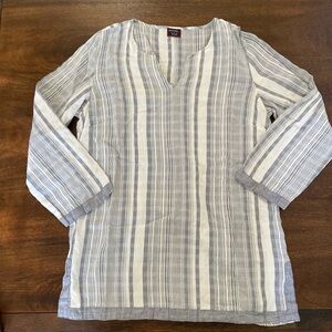 UNTUCKIT Durfort Top Size 10 White Blue Striped Blouse Cotton Preppy Shirt